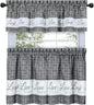 GoodGram Country Gingham Check Live~Laugh~Love 3 Pc. Café Plaid Kitchen Curtain Set - Assorted Colors & Sizes (Gray, 36 in. L)