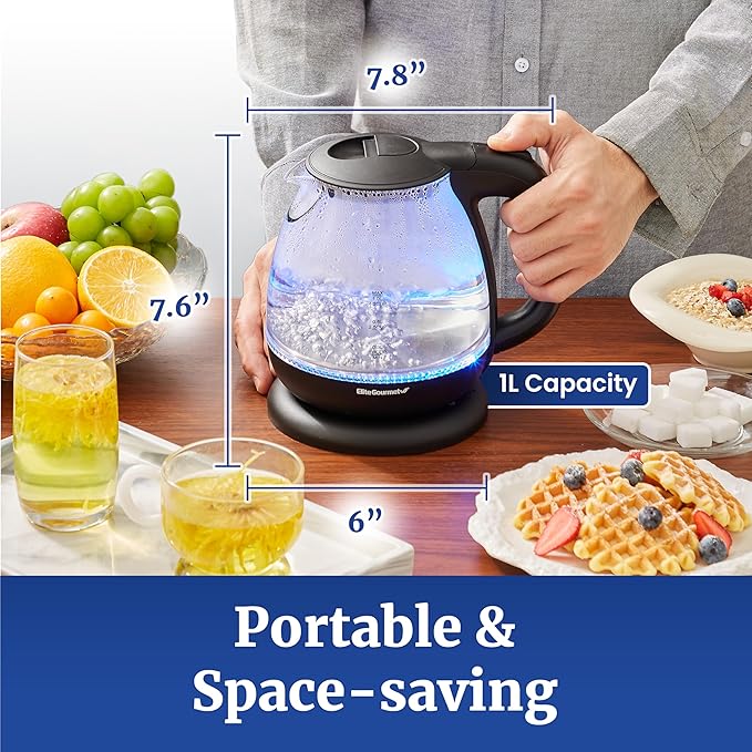 Elite Gourmet EKT1001B Electric 1.0L BPA-Free 1100W Glass Kettle Cordless 360° - Image 4