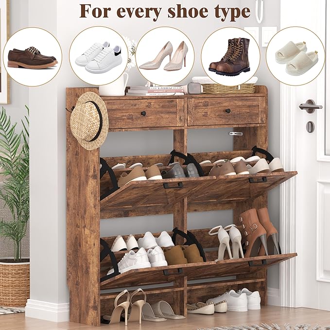 Shoe Cabinet with 4 Flip Drawers & 2 Storage Drawers, Rustic Farmhouse Narrow - Image 8
