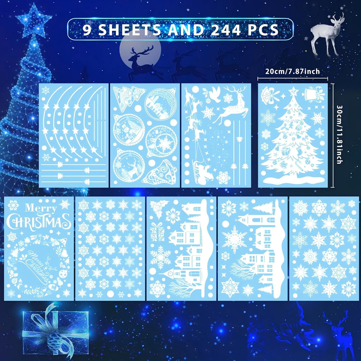 AhfuLife Christmas Window Clings, 244 PCS Reusable Christmas Window Stickers for Glass, 9 Sheets Double Sided Snowflake Xmas Trees Garland Stickers for Xmas Party