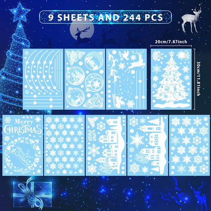 AhfuLife Christmas Window Clings, 244 PCS Reusable Christmas Window Stickers for Glass, 9 Sheets Double Sided Snowflake Xmas Trees Garland Stickers for Xmas Party