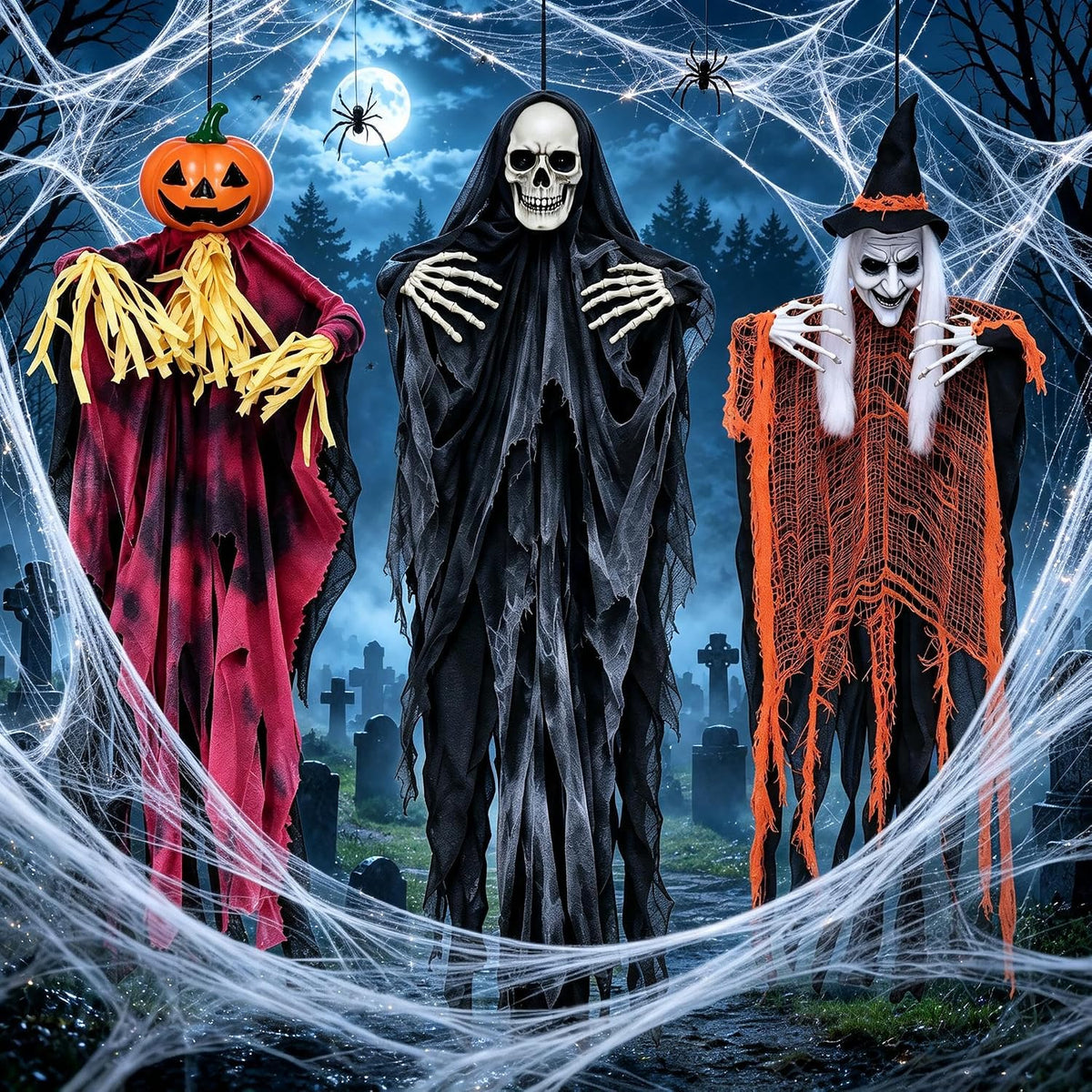 3 Pack Halloween Hanging Skeletons Witch Decorations Outdoor Indoor Decor
