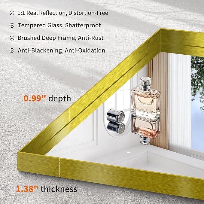 CIRCUMI Gold Bathroom Mirror, Brushed Finish, Tempered Glass, Large Mirror - Image 3