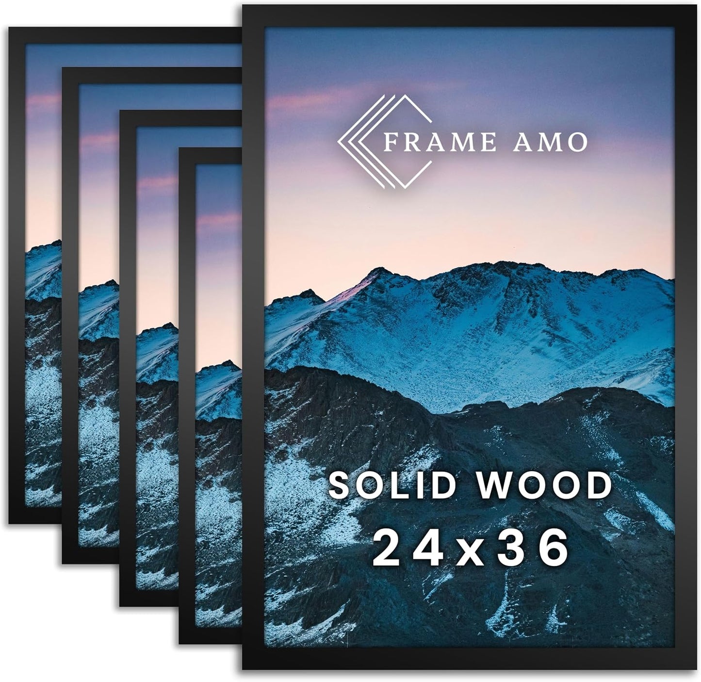 Frame Amo Pack of 5, 24x36 Black Poster Frames, High End, Gallery Grade | Solid Wood, UV-Resistant Acrylic, 1 inch Wide, Acid Free, Hanging Hardware Installed