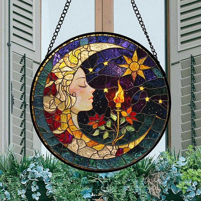 DASTOLL Stained Glass Window Hanging, Moon Goddess Torch Suncatcher Diamond - Image 3