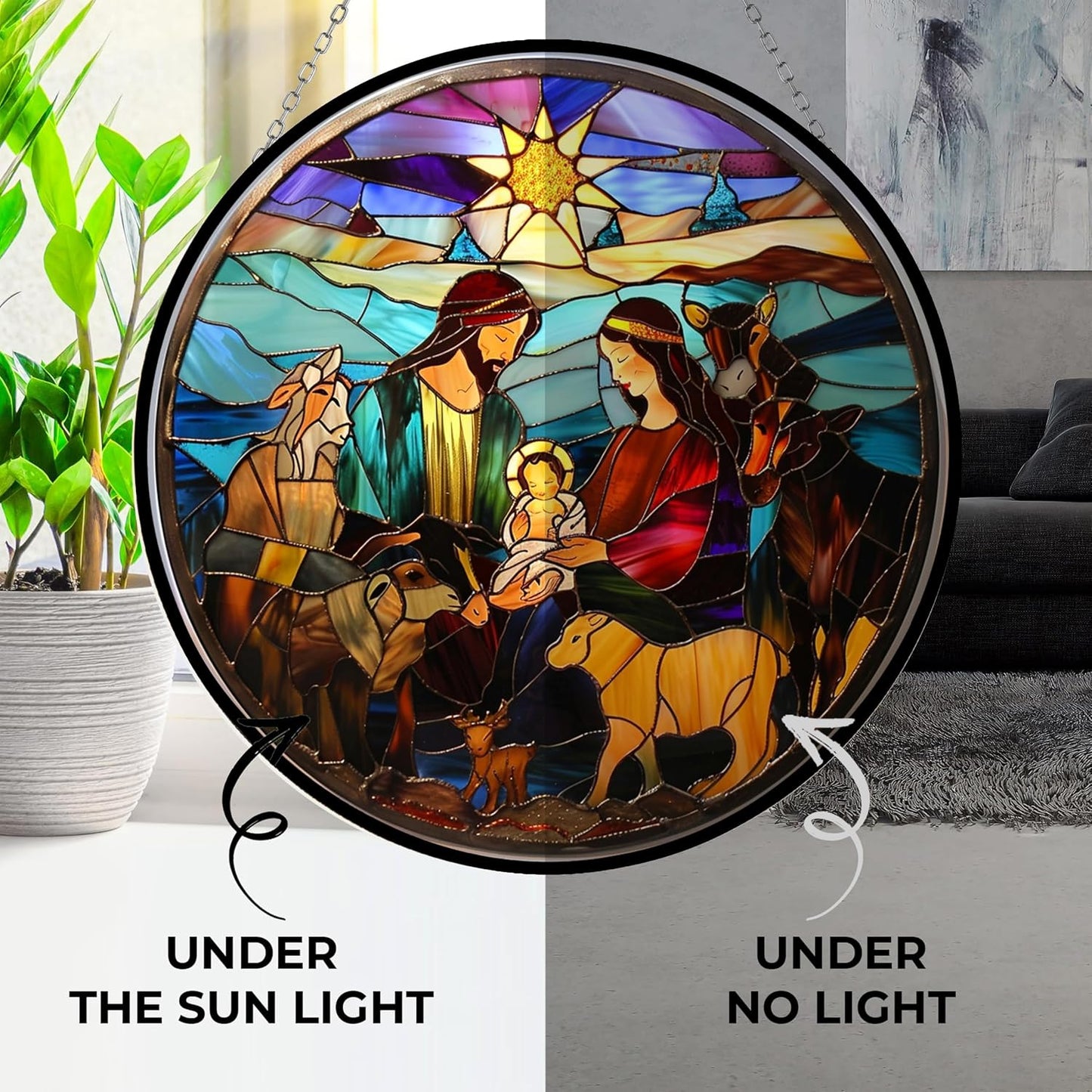 Nativity Suncatchers for Windows,6.3” Stained Glass Window Hangings,Hand-Painted Glass Panel Perfect for Home Décor