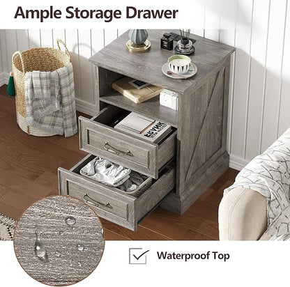 Nightstand with Charging Station, Rustic Farmhouse Wood Small Dresser, Bedside - Image 5