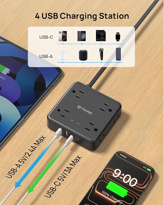 TROND 360° Rotating Flat Plug Power Strip, 5FT Flat Extension Cord - Image 4