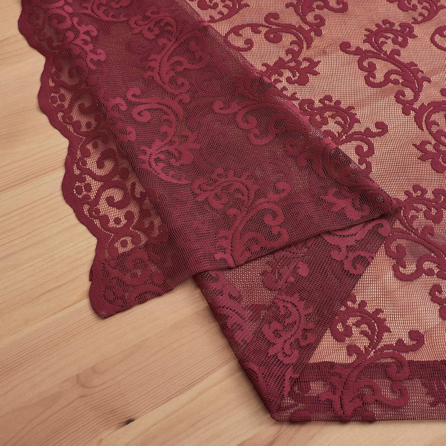 FOLKSIDE Burgundy Lace Curtains 84 Inches Long 2 Panels - Modern Romantic Maroon for Bedroom Living Room, Rod Pocket Light Filtering Sheer French Drapes, Wine Floral Rose Decor, 52x84