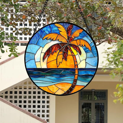 DASTOLL Stained Glass Window Hanging 4 Pcs Set Blue Orange Ocean Beach Theme - Image 3