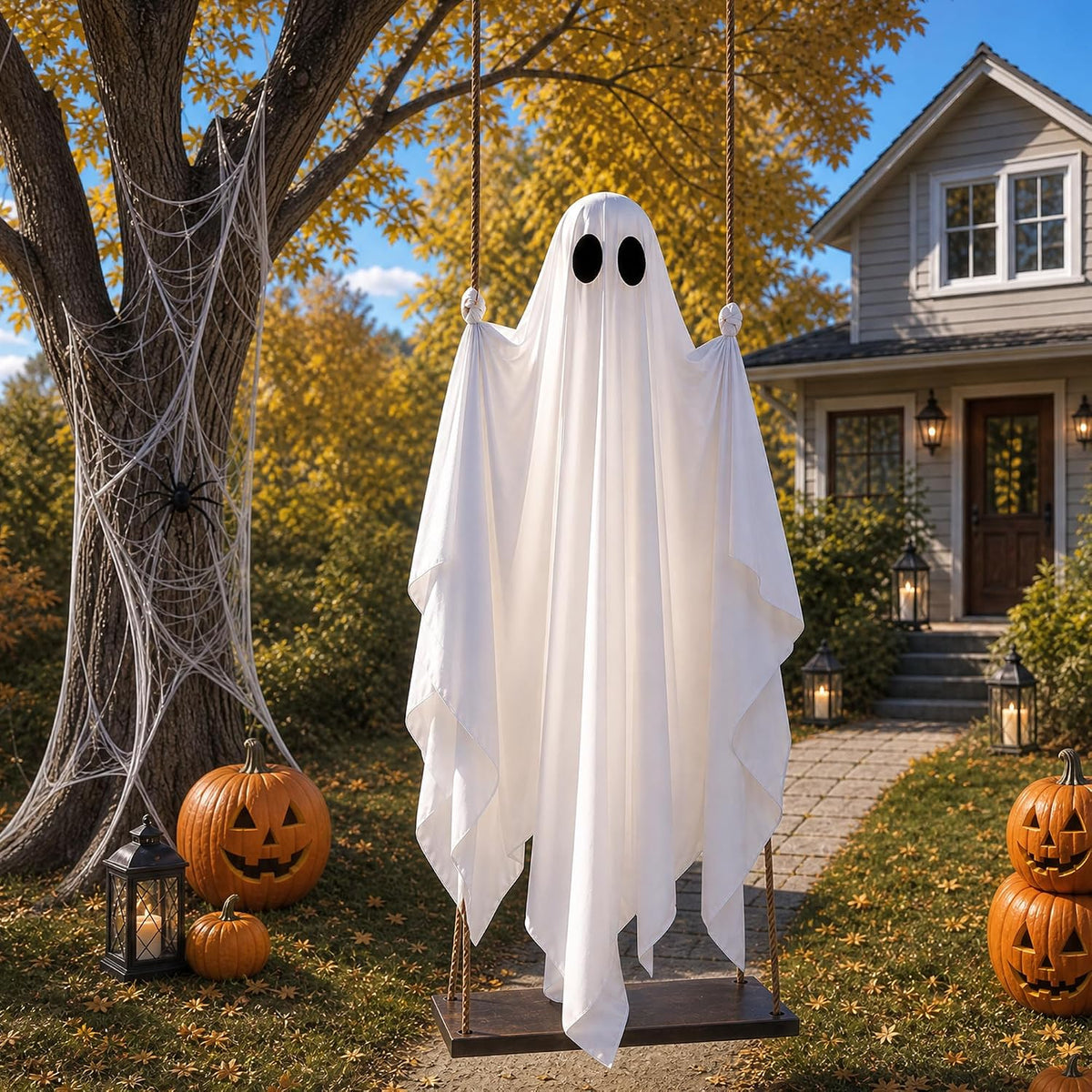 Hanging Ghost Halloween Decorations Outdoor, 7-12 FT Light Up Ghost Swing