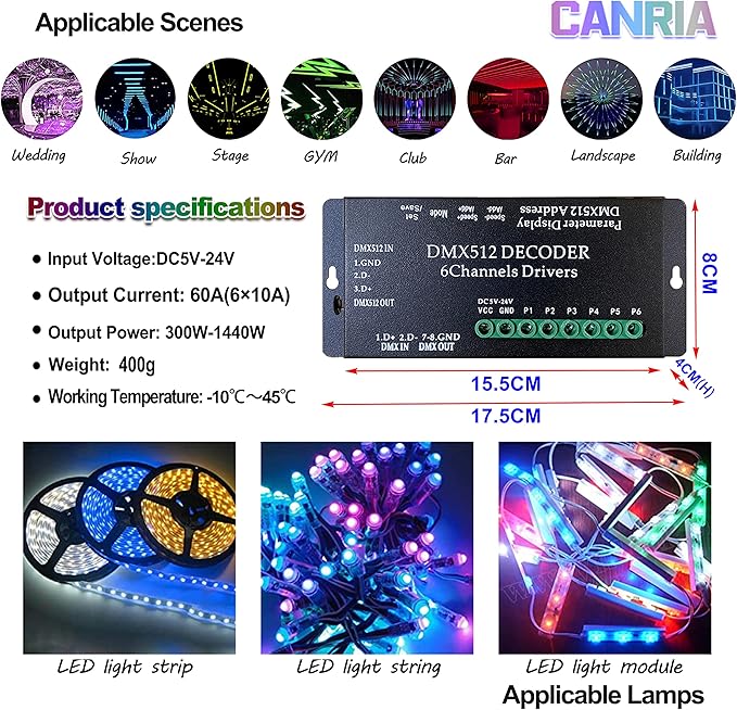 CANRIA DC 5V-24V 6 Channel DMX512 Decoder LED Controller, - Image 5