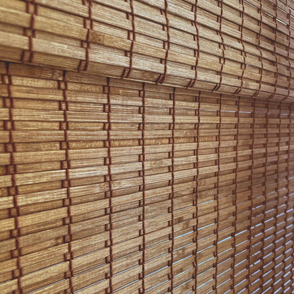 MOOD Custom Bamboo Shades | Rustic | Cordless Bamboo Roman Shades for Windows and Doors (Natural Woven) | Rustic Walnut (Great Privacy) | 52" W X 72" H
