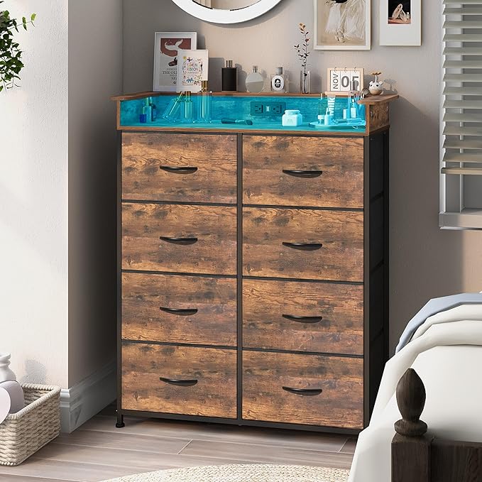Tall Dresser for Bedroom with Charge Station 8 Drawers Dresser with LED Lights by EXOTICA