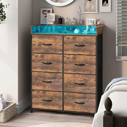 Tall Dresser for Bedroom with Charge Station 8 Drawers Dresser with LED Lights by EXOTICA