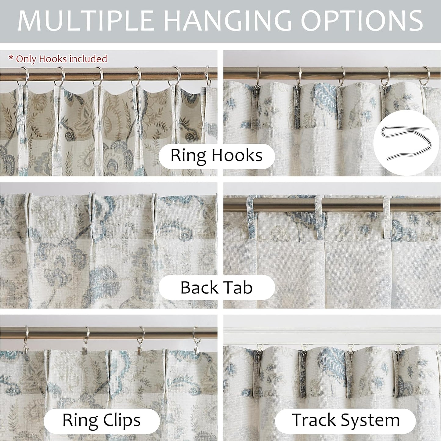 Kayne Studio Jacobean Floral Pinch Pleated Light Filtering Curtains 84 Inch | Blue Grey Boho Botanical Leaf Printed Vintage Farmhouse Drapes,Living Room Bedroom Back Tab Window Treatment,40"x84",2 Panels