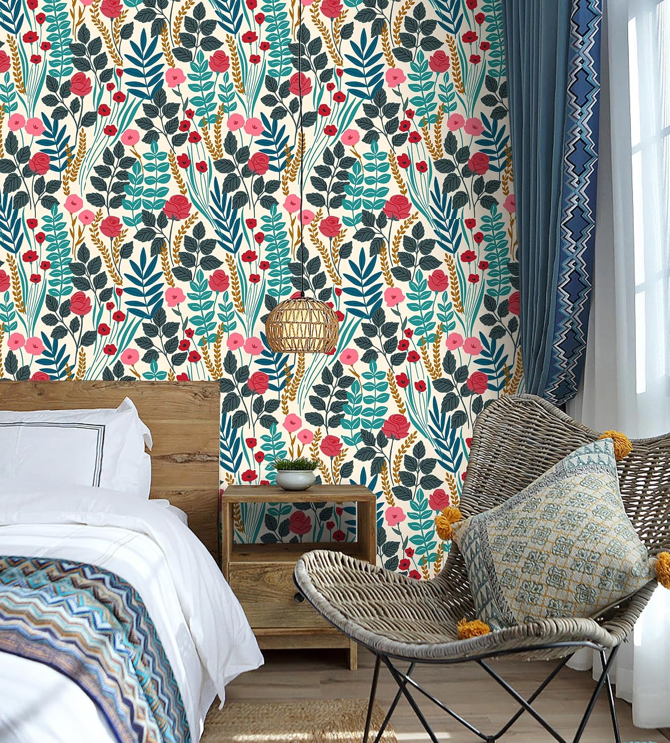 Floralplus Boho Wallpaper Peel and Stick Floral Wallpaper for Bathroom | Removable Renter Friendly Wallpaper Floral Tropical Leaf Contact Paper for Cabinet Home Decor, 17.5 x 118 in