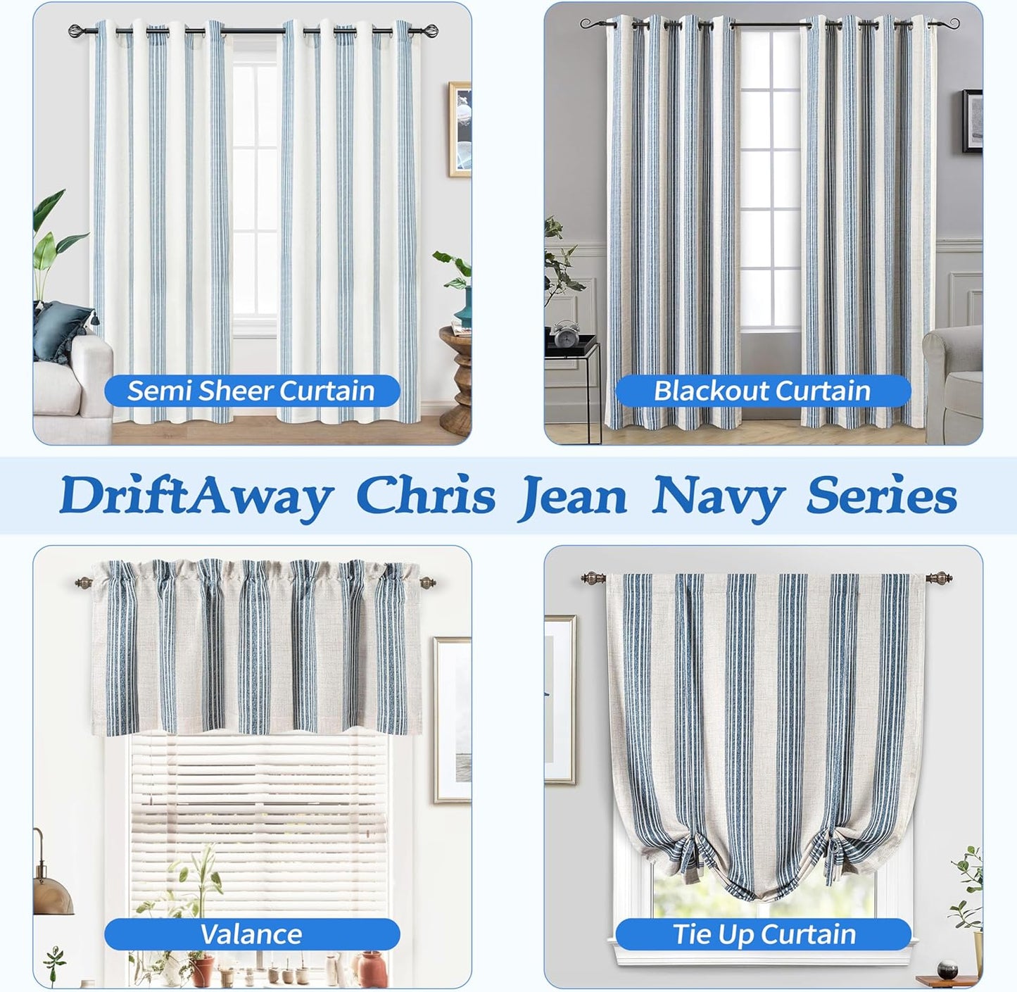 DriftAway Chris Double Layer Blackout Tie Up Curtains Thermal Insulated Fully Lined Vertical Striped Balloon Roman Shade Bathroom Window Adjustable Rod Pocket 39 Inch by 55 Inch Jean Navy