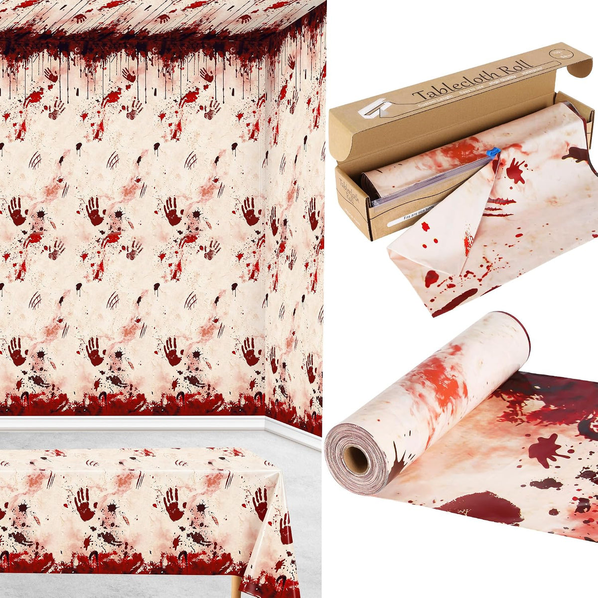 100FT x 54IN Halloween Bloody Print Plastic Tablecloth Roll with Cutter Box