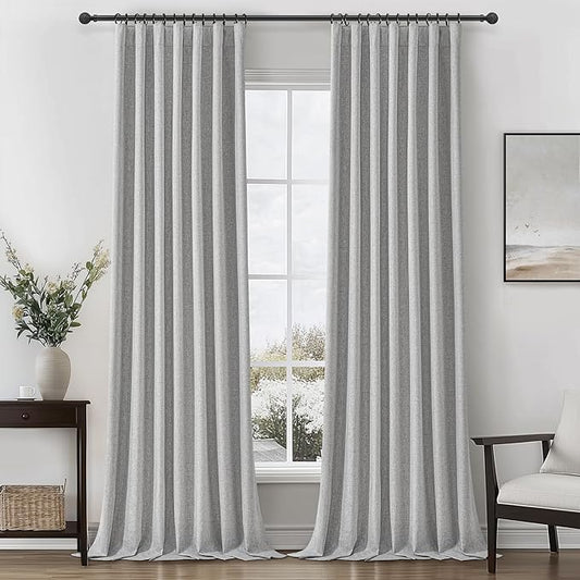 Gray 100% Black Out Linen Curtains 90 Inches Long 2 Panels Set by QJMYDECO