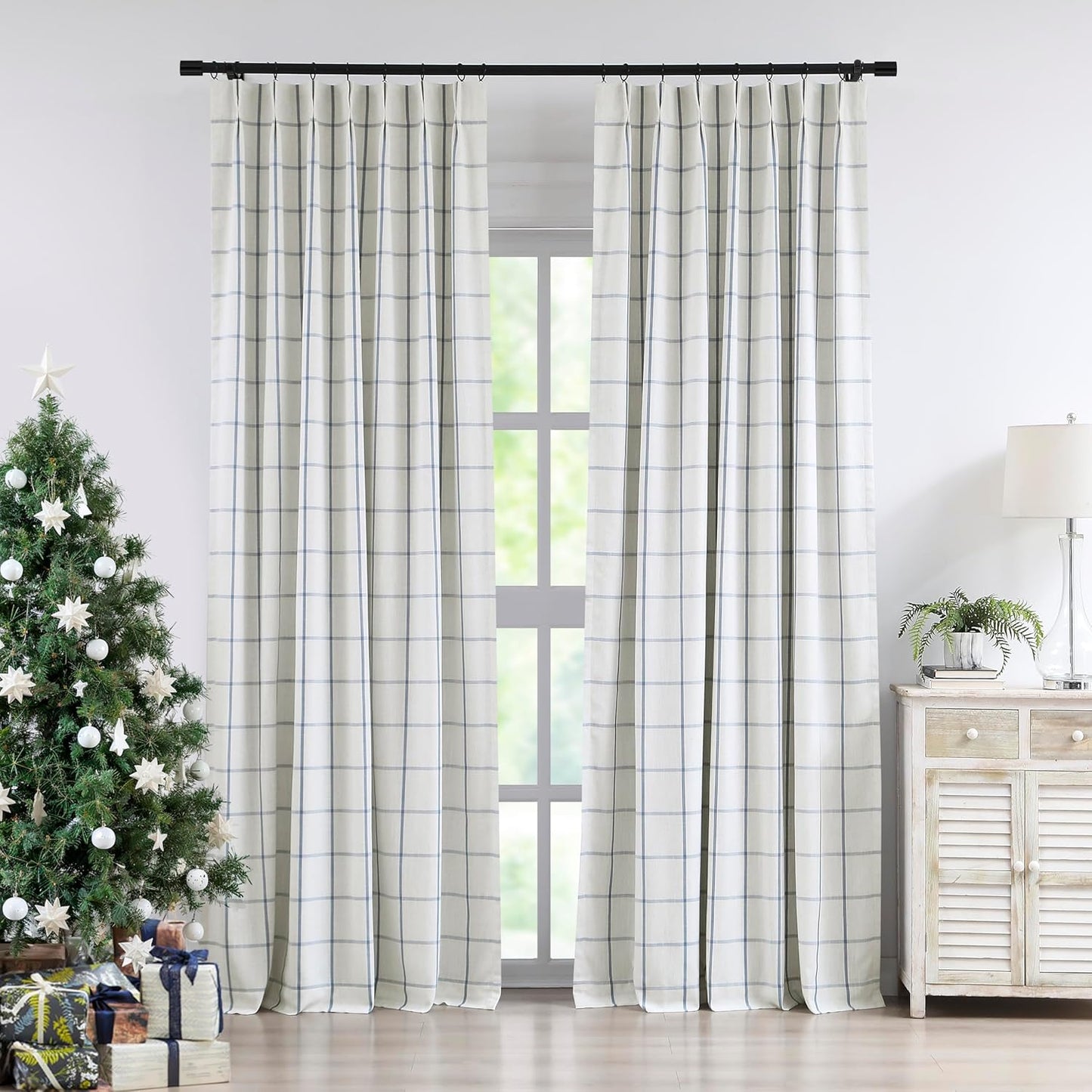 Vision Home Blue Plaid Linen Pinch Pleated Full Blackout Curtains Checkered Thermal Insulated Window Panels 90 inch for Bedroom Living Room Darkening Rustic Pinch Pleat Drapes with Hooks 40" Wx90 Lx2