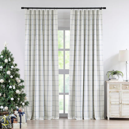 Vision Home Blue Plaid Linen Pinch Pleated Full Blackout Curtains Checkered Thermal Insulated Window Panels 90 inch for Bedroom Living Room Darkening Rustic Pinch Pleat Drapes with Hooks 40" Wx90 Lx2