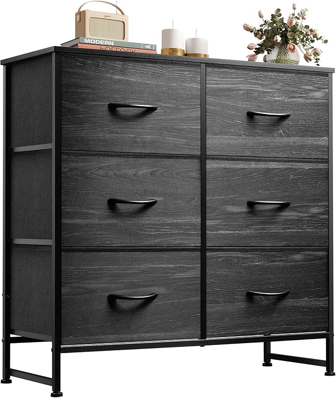 WLIVE Black Dresser for Bedroom, 6 Drawer Double Dresser, Fabric Storage Tower by WLIVE