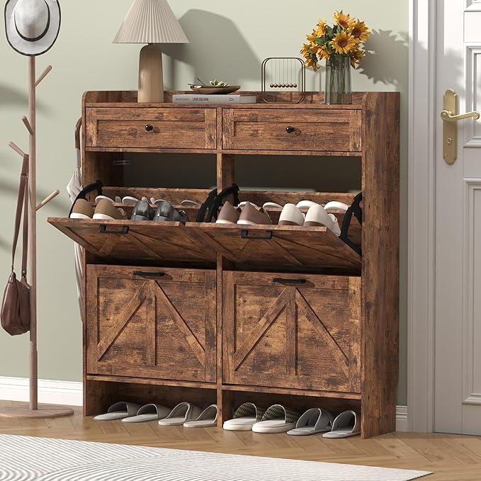 Shoe Cabinet with 4 Flip Drawers & 2 Storage Drawers, Rustic Farmhouse Narrow - Image 3