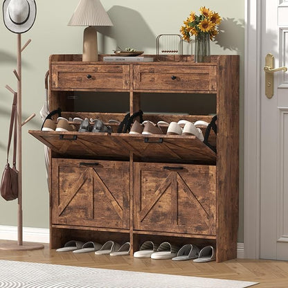 Shoe Cabinet with 4 Flip Drawers & 2 Storage Drawers, Rustic Farmhouse Narrow - Image 3