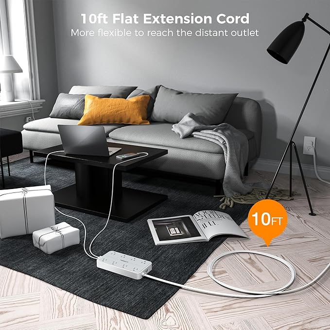Power Strip Surge Protector 10 FT, TESSAN Flat Plug Extension Cord - Image 2