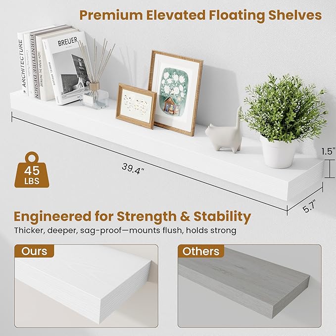 Fun Memories 40 Inch Floating Shelves, Long Wood Wall Shelf Set of 2 - Image 2