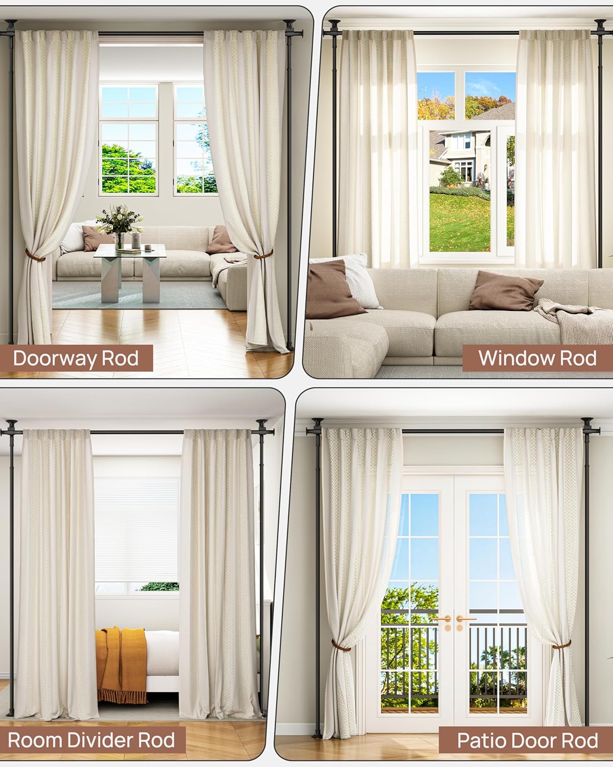 ALLZONE Tension Curtain Rods for Windows, Adjustable 31 to 83 Inch Wide, Freestanding Curtain Rods No Drilling, Apartment Renter Friendly, Heavy Duty, for Room Divider, Doorway, 63 to 130 Inches Tall