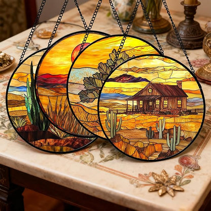 DASTOLL Stained Glass Window Hanging 4 Pcs Set Desert Sunset Theme Landscape - Image 2