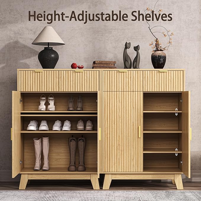 Fluted Shoe Cabinet, 4-Tier Mid Century Modern Narrow Shoe Storage Cabinet - Image 3