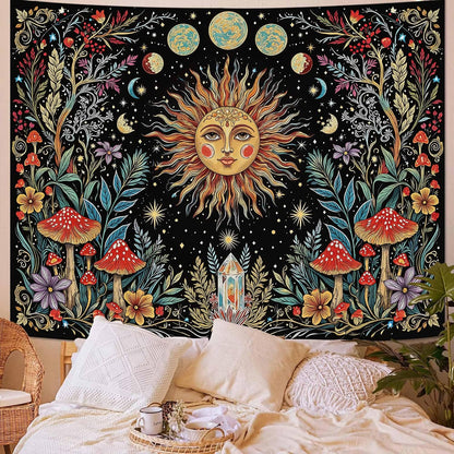 Accnicc Boho Sun and Moon Tapestry Hippie Mushroom Floral Wall Tapestry for Bedroom Aesthetic Vintage Plant Celestial Spiritual Small Tapestries Wall Hanging for Dorm Living Room Decor 48 x 36 Inch