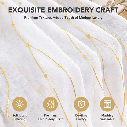 Deconovo Embroidered White Sheer Curtains for Bedroom, Grommet Top, Set of 2, 52W x 84L in per Panel, White Sheer Panels with Gold dots and line Embroidery