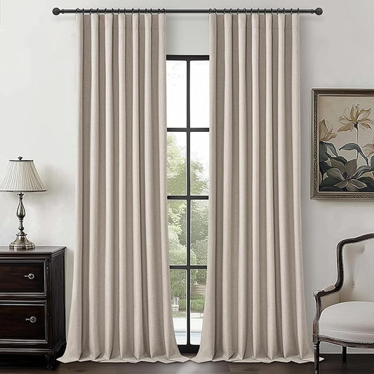 Grey Flax Extra Long Curtains 112 inch Length 2 Panels Set, Hook Belt&Rod by QJMYDECO