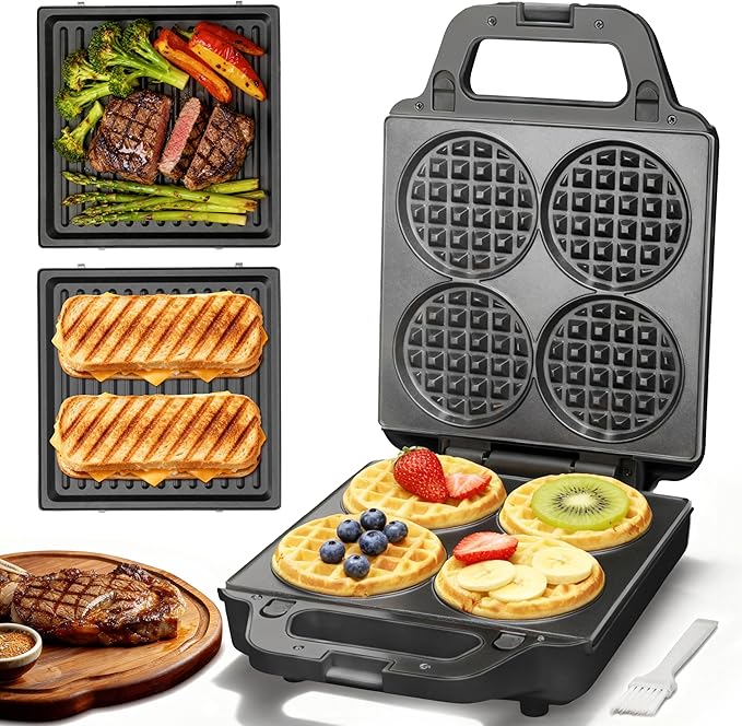 2 in 1 Mini Waffle Maker with Removable Plates, Panini Press Sandwich Maker by Unknown