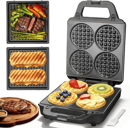 2 in 1 Mini Waffle Maker with Removable Plates, Panini Press Sandwich Maker by Unknown