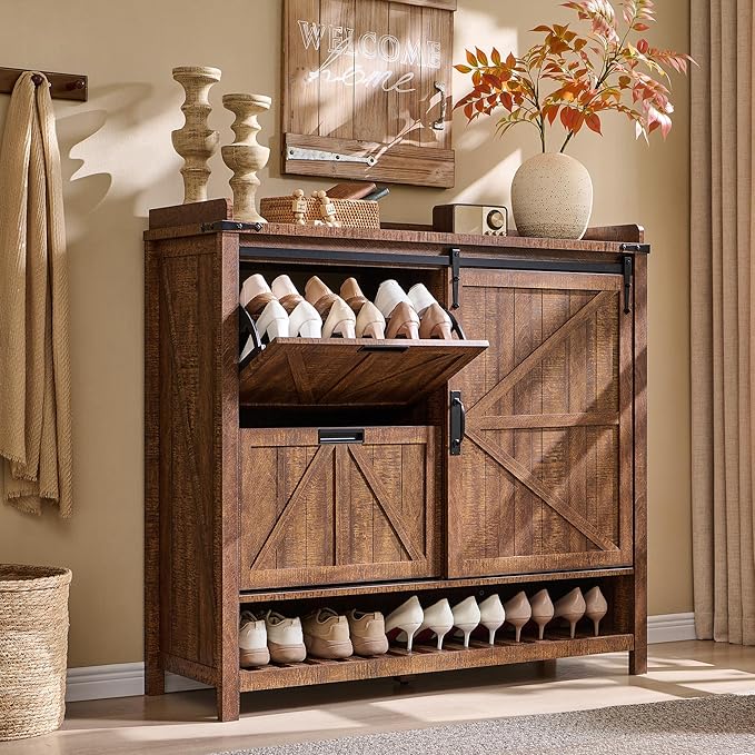 OKD Shoe Storage Cabinet with 2 Flip Drawers & Sliding Door, Farmhouse Entryway - Image 3