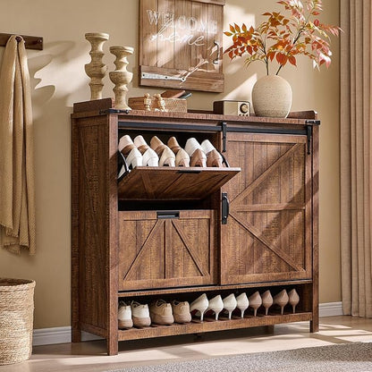 OKD Shoe Storage Cabinet with 2 Flip Drawers & Sliding Door, Farmhouse Entryway - Image 3