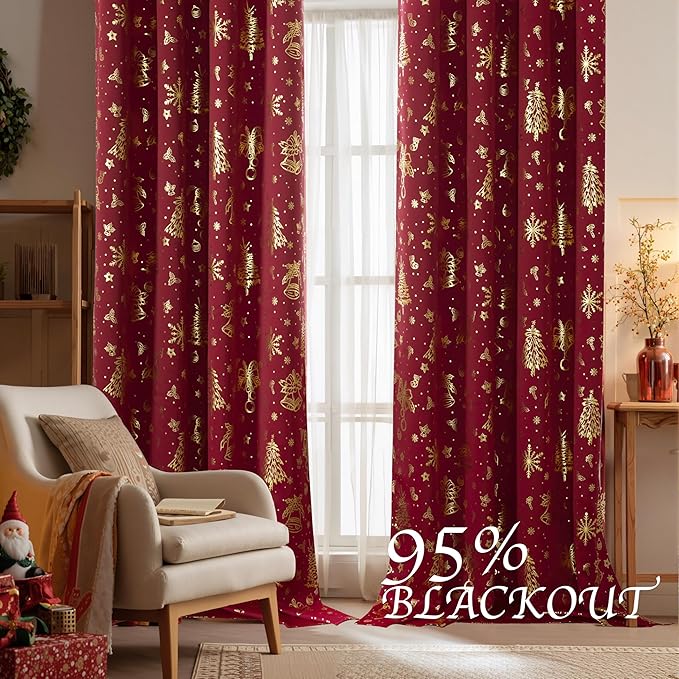 NICETOWN 2 Panels Red Christmas Curtains W42 x L63 in, Rod Pocket Gold Stamping - Image 3
