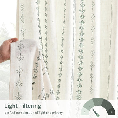 Pinch Pleated Sage Green Floral Block Print Curtains 84 Inches Long, Vintage Boho Linen Blend Drapes for Bedroom Living Room, 2 Panels Set
