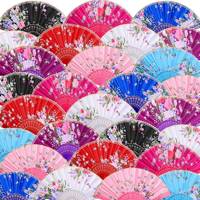 Geetery 30 Pcs Folding Hand Fan for Line Dancing Spanish Boots on The Ground Fans Gifts Bulk Colorful Silk Popping Rave for Women Tea Party Wedding Church Halloween Costume(Floral,Classic Colors)