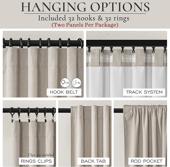 Grey Flax Extra Long Curtains 120 inch Length 2 Panels Set, Hook Belt&Rod - Image 3