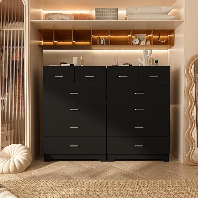 Dresser with Power Outlets Wooden 6 Drawer Dresser with Large Organizer Black - Image 2
