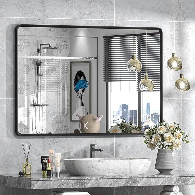 48x32 Black Bathroom Mirror for Wall, Matte Black Metal Framed Rectangle by GOLOMO