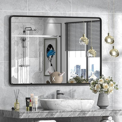 48x32 Black Bathroom Mirror for Wall, Matte Black Metal Framed Rectangle by GOLOMO