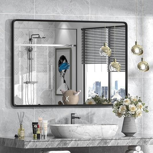 48x32 Black Bathroom Mirror for Wall, Matte Black Metal Framed Rectangle by GOLOMO