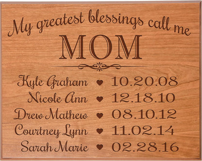 Gifts for Mom Birthday Gifts for her from Daughter Personalized with Children's Names with Special Dates My Greatest Blessings Call me Mom (12x15, Cherry Veneer)